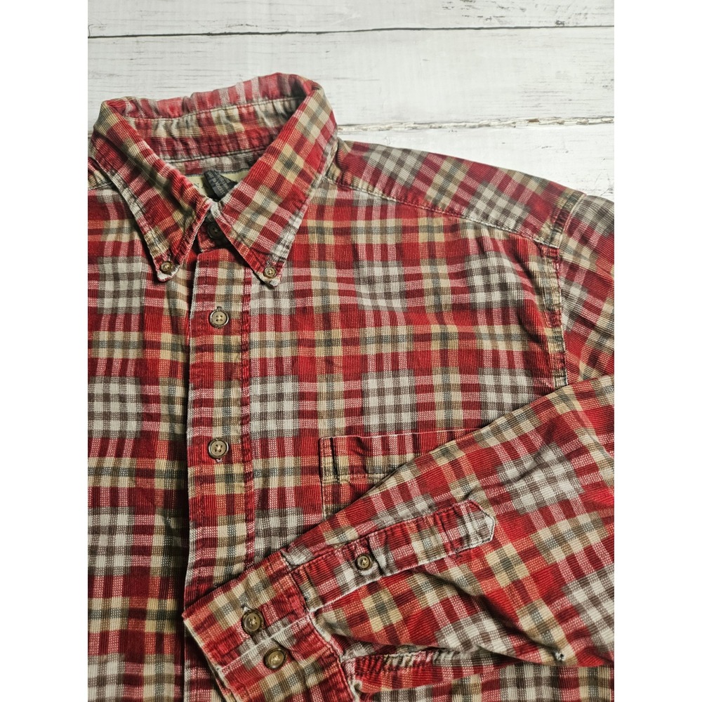 Naturalife Mens Large Red Plaid Corduroy Button Down Shirt Long Sleeve Cotton